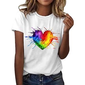 Windsfinr Pride Shirts for Women Rainbow Heart Print Short Sleeve T Shirt LGBT Gay Pride Month Tops Fashion Round Neck Short Sleeve Summer Vacation T Shirts Flower Printing Blouse Tops Exercise Tops (White, S)