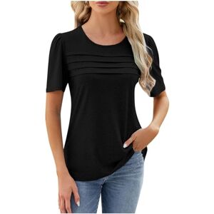 Generic L-942 Black Pleated Plain Brunch Tee Shirts for Women Fall Summer Short Puff Sleeve Boat Neck Spandex Loose Fit Long Tops Shirts Women 2024 Clothes Country Concert S