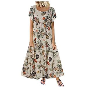 Briskorry Women's Summer Dress, Cotton Linen Beach Dresses, Short Sleeve Round Neck Maxi Dress, Long Floral Pattern, Boho Dress, Large Sizes, Casual Dresses