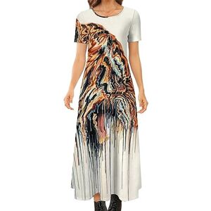 Songting Abstract Tiger Painting Women's Summer Casual Short Sleeve Maxi Dress Crew Neck Printed Long Dresses S