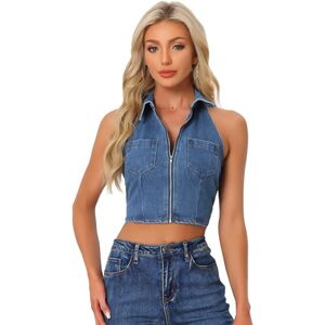 Allegra K Halter Denim Top for Women's Zipper Up Collared Sleeveless Jean Corset Blue M