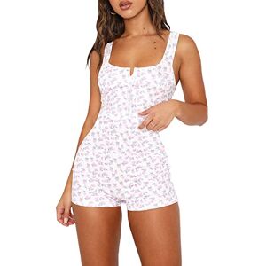 Springcmy Women Y2K Short Sleeve Bodysuit Summer Floral Print Button V-neck Shorts Romper Jumpsuit Clubwear Overral Streetwear (K-Pink, S)