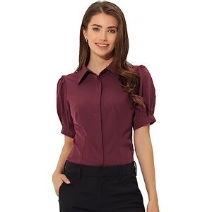 Allegra K Women's Puff Sleeve Collared Cotton Work Office Button Down Shirt Dark Red S