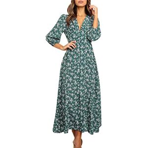 Janly Clearance Sale Dresses for Women, Women V-Neck Three Quarter Sleeve Floral Print Open Fork Hem Long Dress, Long Sleeve Printed Dress, for Holiday Wedding Birhday Party (Green-M)