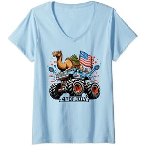 4th Of July Camel Independence Day Funny Gifts Womens Patriotic USA Camel 4th July Monster Truck American V-Neck T-Shirt