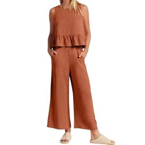 LCDIUDIU Summer Cotton Linen Wide Leg Pants Sets Women 2 Piece Outfits, Green Crew Neck Sleeveless Vest Button Back Cropped Top Casual Stretch Straight Trousers Suits Matching Sets Orange L