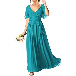 Short Sleeve Maid of Honor Gowns Elegant Ruched Plus Size A Line Wedding Guests Dress for Women Juniors with Pockets Aqua Blue UK22