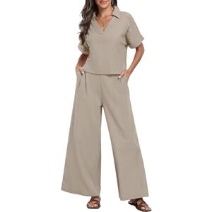 LCDIUDIU Ladies 2 Piece Wide Leg Pants Set, Black V-Neck Rolled Short Sleeves T-Shirt Crop Top Elastic Waist Straight Leg Trousers Lounge Co Ord Sets Summer Casual Going Out Matching Sets Beige Xl