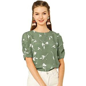 Allegra K Women's Floral Blouse Crew Neck Casual Shirred Short Sleeve Top Green 16