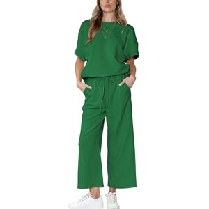 LCDIUDIU Oversized Wide Leg Sweat Pants And Top Set Women Summer 2 Piece Outfits,Black Round Neck Striped Texture Loose Short Sleeve T-Shirt Casual Tracksuit Jogging Loungewear Co Ord Sets Green S