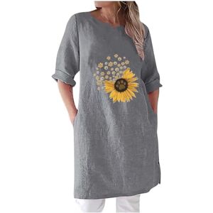 Generic C-951 Gray Brunch Tops for Ladies Fall Summer 3/4 Length Sleeve V Neck Faux Gauze Linen Daisy Floral Print Loose Fit Long Tops Shirt Blouses Womens 2024 Clothing M