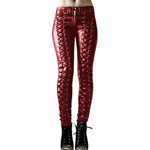 Andongnywell-Tops JIER Women Lace Up PU Leather Pants Faux Leather Leggings Stretch High Waist Hollow Out Leggings Trousers Drawstring Bandage (Red,XL,XL)