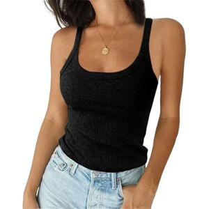 LXKFYUE Sling O Neck Summer Knit Vest Sleeveless Women Sexy Basic T Shirt White Off Shoulder Ribbed Black Tank Tops Casual-Black-L