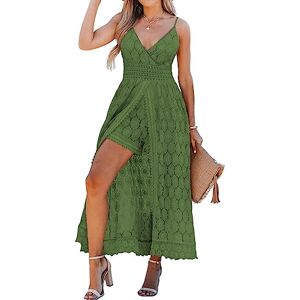 CUPSHE Summer Women Slip Ruching Smocking Jumpsuit Dress V Neck Speghetti Straps Backless Maxi High Low Olive Green XS