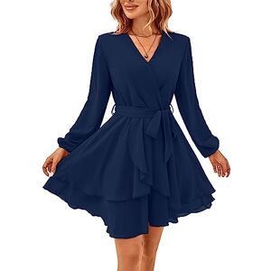 TcIFE Women's Casual Dress Deep V Neck Long Sleeve Waist Tie Irregular Ruffle Chiffon Elegant Mini Short Swing Skater Dresses, NavyBlue, L