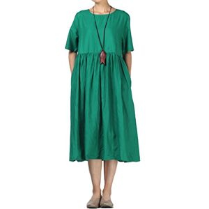 FTCayanz Women's Linen Summer Dresses Round Collar Short Sleeve Midi Dress with Pockets Green XXL