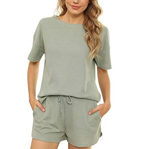 LCDIUDIU Womens Shorts Co Ord Sets Summer, Black Waffle Round Neck Short Sleeve T-Shirt And Side Pocket Shorts Tracksuit 2 Piece Outfits Lounge Sport Gym Going Out Wear Sets Sage Green S