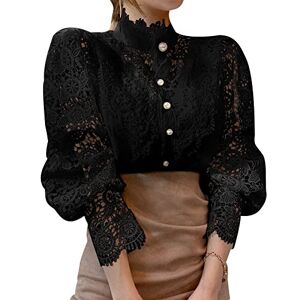 Febbabe Lace Blouses for Women Vintage Stand Collar Tunic Casual Hollow Out Flower Patchwork Ruffle 3/4 Sleeve Tops Loose Puff Blouse Button Down Shirts Black M