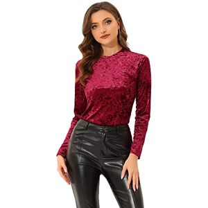 Allegra K Women's Velvet Top Round Neck Long Sleeve Casual T-Shirt Burgundy 20