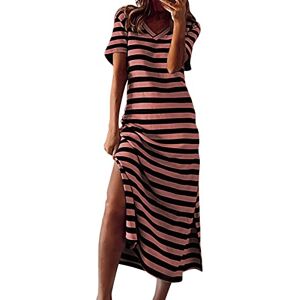 Generic Women Summer Loose Fitting T-Shirt Beach Sun Dress Casual Short Sleeve Striped High Waist Side Slit Maxi Dresses(Pink,XX-Large)