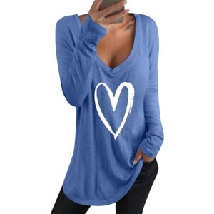 Kenoce Women's V Neck Long Sleeve T Shirt Casual Loose Tunic Blouse Heart PatternTops A-c Light Blue S