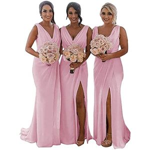 KURFACE Double V Neck Wedding Bridesmaid Dresses Long Maid of Honor Gown Chiffon Formal Evening Gowns for Women Pink UK22
