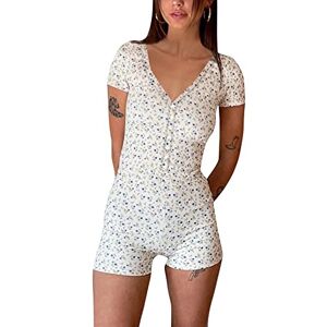 Springcmy Women Y2K Short Sleeve Bodysuit Summer Floral Print Button V-neck Shorts Romper Jumpsuit Clubwear Overral Streetwear Shorts (O-White, M)
