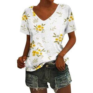 CreoQIJI Blouse Trumpet Sleeves Women's Casual T-Shirt with Short Sleeves and V-Neck and Floral Print T-Shirt Women's Set, yellow, XXL