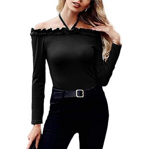 KONFEN Women's Off Shoulder Tops, Halter Neck Long Sleeve Shirt Ribbed Top, Cold Shoulder Blouse Jumper Casual Ladies Sweatshirt Elegant Solid Color Slim Fit for Autumn Winter, Black, XL