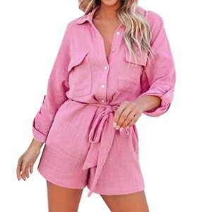 Generic Dungarees For Women Uk Wide Leg Jumpsuit Womens Long Sleeve Button Down Pockets Belted Elastic Waist Solid Color Jumpsuits Rompers Romper Loose Casual Playsuit (Pink, M)