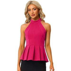 Allegra K Women's 2023 Summer Sleeveless Pleated Halter Neck Peplum Blouse Top Hot Pink S