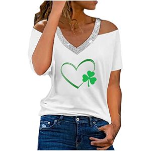 Rlehjn St Patricks Day T Shirt Women UK Sale Clearance Womens Tops Sequin V Neck Cold Shoulder T Shirts Regular Fit Short Sleeve Tops Lucky Green Clover Tee Shirts White