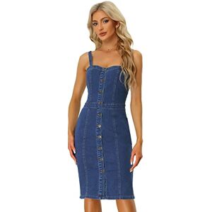 Allegra K Button Down Denim Dress for Women's Sleeveless Sweetheart Neck Jeans Dresses Blue L