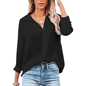 Womens Blouse Casual Long Sleeve Shirt Tops V Neck Button Down Shirts Basic Loose Tunic T Shirts (L, Black)