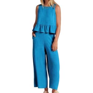 LCDIUDIU Summer Cotton Linen Wide Leg Pants Sets Women 2 Piece Outfits, Green Crew Neck Sleeveless Vest Button Back Cropped Top Casual Stretch Straight Trousers Suits Matching Sets Blue L