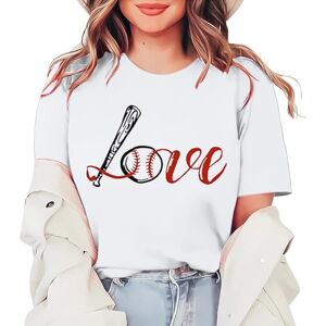 Amazon Fashion Womens Angxiwan Shirts for Women UK Love Women's Letter Baseball Print Round Neck Short Sleeved T Shirt Top Loose Fit T Shirts for Women UK Long Blouses for Women UK White