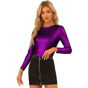 Allegra K Women's Long Sleeve Sparkly Party Glitter Shiny Metallic Tops Shirt Purple L