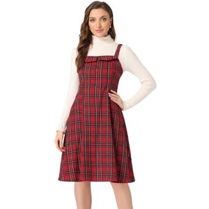 Allegra K Women's Dress Plaid Pinafore Dress Sleeveless Button Decor Pinafore Vintage Overall Tartan Cami Midi Dresses Red L