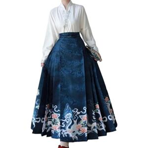 WXLPCGO Women's skirts Hanfu Women's Chinese Style Suit Embroidery Sleeve Horse-face Pleated Skirt-blue Set-l