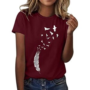 HZMM Crew Neck Tops for Women Casual Ladies Feather Print Pattern Round Neck Short Sleeve T Shirt Loose Top Classic Blouse Women Streetwear Plus Size Wine