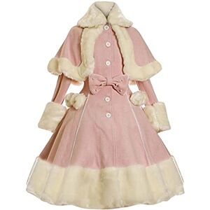 50s Dresses For Women Uk Long Sleeve Winter Dresses for Women UK Lolita Dress Pink Lapel Cape Waist Thickened Princess Style Thick Dresses with Fux Fur Collar Button A Line Swing Dresses Colour Block Thermal Tea Party Dresses