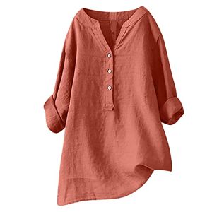 Yolimok Summer Cotton Linen Tops for Women UK, 2024 Womens Casual 3/4 Sleeve Buttons V Neck Loose Blouse Dressy Ligntweight Plus Size Shirts Oversized Tees Dressy Blouses Office Work Blouse Orange