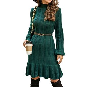 CUPSHE Women Jumper Dress Knit Ribbed Drop-Waist Mock Neck Long Sleeves Casual Party A-Line Tunic Bodycon Mini Knit Dress Green L