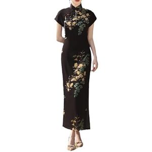 KATIAK Traditional Chinese Dresses Long Vintage Black Dress Short Sleeve Cheongsam Side Slit Summer Bodycon Qipao for Evening Black M