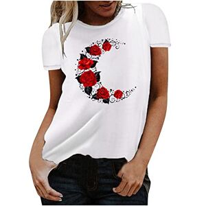 Amhomely Summer T-Shirts for Women - Women's Casual Rose Flower Print Crewneck Short Sleeve Tops Loose T Shirts Pullover Tops Clearance Plus Size Elegant Office Shirts UK Size S-5XL