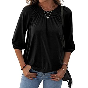Tankaneo Women's Solid Crew Neck T Shirt Blouse Cotton Half Sleeve 3/4 Sleeve Casual Loose Pleated Basic Tops Black