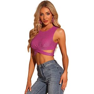 Allegra K Women's Y2K Tops Glitter Criss Cross Cut-Out Sleeveless Round Neck Tank Shirt Camisole Y2K Crop Top Hot Pink M