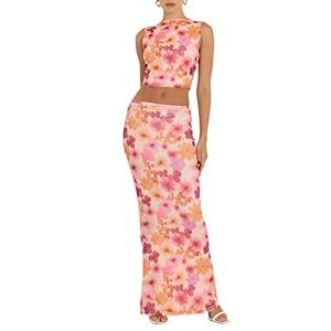 Mieahory Womens Two Piece Maxi Skirt Set Y2k Summer Outfits Strapless Crop Lace Tank top &Bodycon Long Skirts Set (Pink 2pcs Flower Set, S)