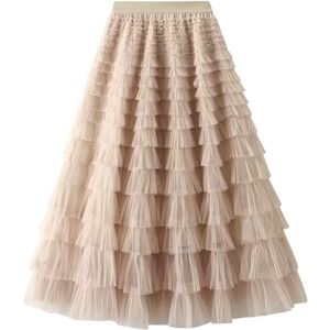 JIEZM skirt Women Pleated Tutu Long Skirts Ruffles Elegant Mesh Tulle Loose Skirts Solid Mesh Patchwork Gauze Party Skirt-t-l