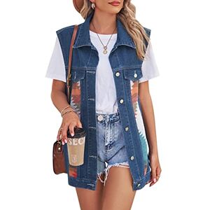 FEOYA Womens Distressed Denim Gilet Baggy Denim Waistcoat Washed Button Down Sleeveless Jean Jacket Turn Down Collar Loose Fit Lapel Vest with Flap Chest Pockets Cotton Casual Spring Autumn 03 Blue XL